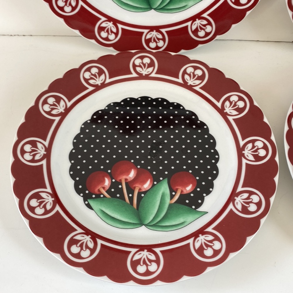 Four Mary Engelbreit Polka Dot And Cherry 8” Plates - Picture 5 of 11